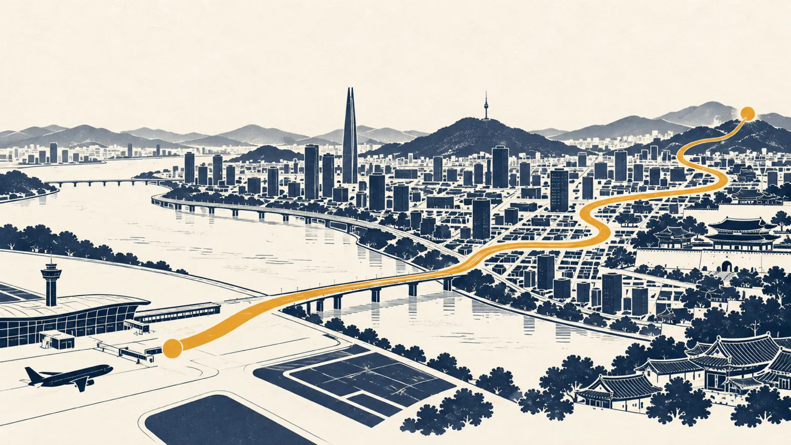 A saffron path winding across a navy city grid toward a small circle on warm paper